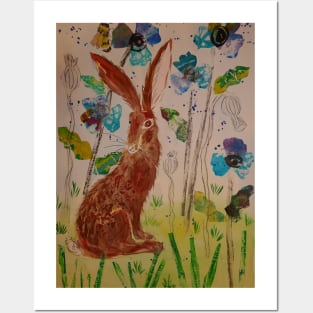 Hare among Blue Poppies Collage Posters and Art